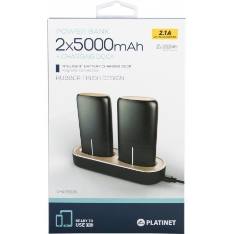 Platinet lādētājs-akumulators 2x5000mAh 2,1A USB + uzlādes doks, melns (44352)
