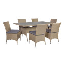 Set LAGUNA with cushions, table and 6 chairs, steel frame with plastic wicker, color: natural rattan