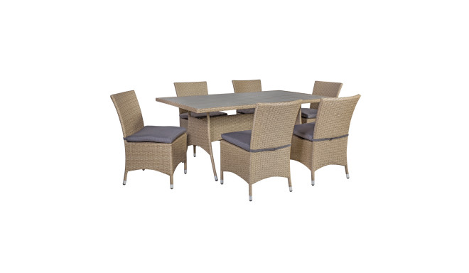 Set LAGUNA with cushions, table and 6 chairs, steel frame with plastic wicker, color: natural rattan