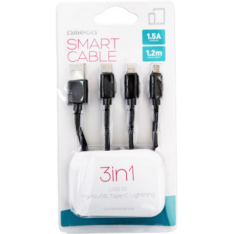 Omega kabelis 3in1 microUSB/USB-C/Lightning 1,5A 1,2m, melns (44270)