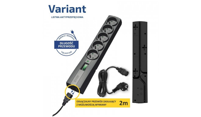 Ever extension cord Variant 5 sockets 250V 2m, black