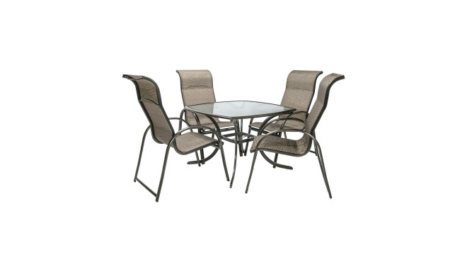 Dārza mēbeļu komplekts MONTREAL, galds un 4 krēsli (11721), galda virsa: rūdīts viļņveida stikls, rā