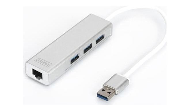 Digitus USB 3.0 3-Port Hub with Gigabit LAN, USB Hub (White)