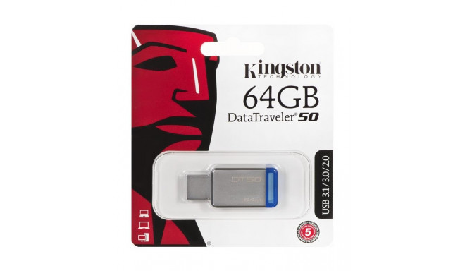 Kingston Technology DataTraveler 50 64GB USB flash drive USB Type-A 3.2 Gen 1 (3.1 Gen 1) Blue,Silve