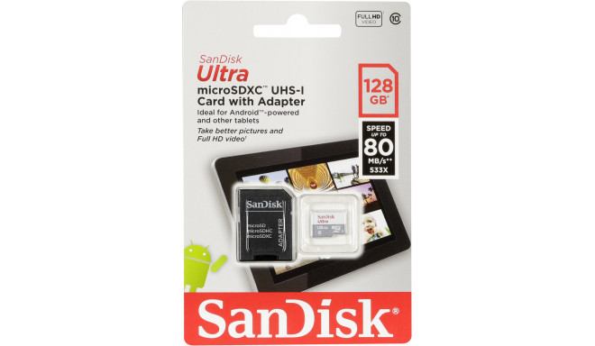 SanDisk mälukaart microSDXC 128G Ultra UHS 80MB/s + adapter (SDSQUNS-128G-GN6TA)
