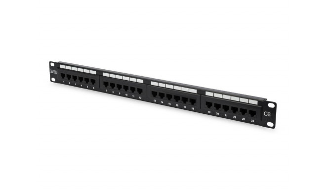 Patch panel 19" 24 porty, kat.6, U/UTP, 1U, wspornik kablowy, czarny (kompletny)