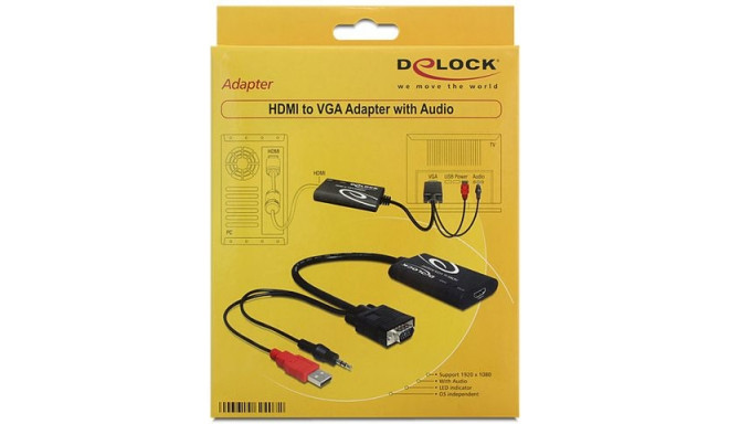 HDMI(F)->VGA(M)+MINIJACK 3.5MM(M)+USB-A(M) POWER ADAPTER CABLE 23CM BLACK DELOCK