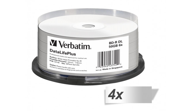 4x25 Verbatim BD-R Blu-Ray 50GB 6x Speed printable Cakebox