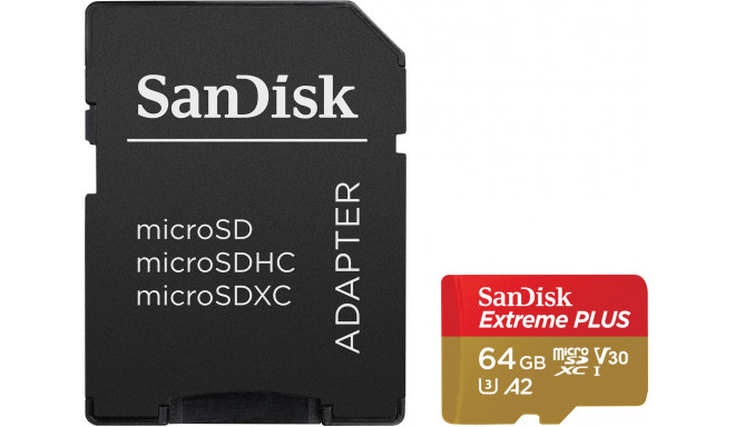SanDisk atmiņas karte microSDXC 64GB Extreme Plus V30 A2 + adapteris