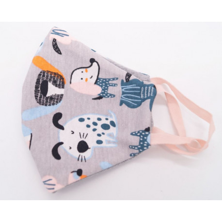 - Kids face Mask 100% Cotton Size 9-11 Funny animal Grey