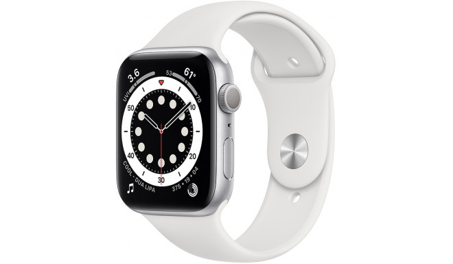 Apple Watch 6 GPS 44mm Sport Band, серебристый/белый