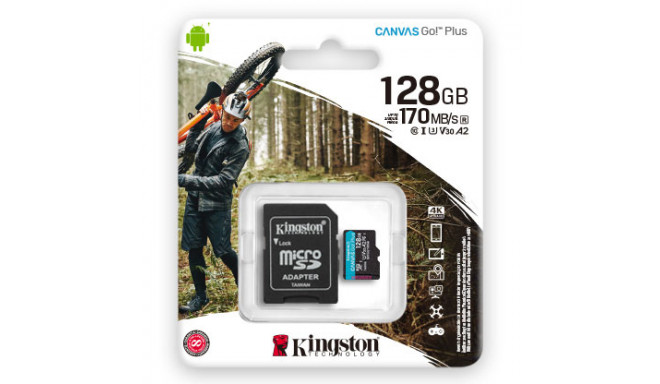 Mälukaart microSD 128GB, U3 UHS-I V30 A2, R170/W90, Canvas Go Plus, Kingston