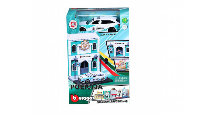 BBURAGO 1:43 police station with Lithuania Police car Bburago City, 18-31502