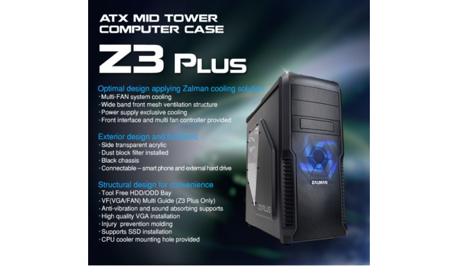 ZALMAN Z3 Plus ATX Mid Tower Blue LED fan ODD