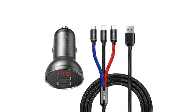 Baseus 2x USB 4.8A 24W nabíječka do auta s LCD + 3v1 kabel USB - USB Type C / micro USB / Lightning 