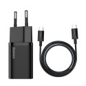 Baseus Super Si Quick Charger 1C 25W EU Sets Black + Mini Black Cable Type-C to Type-C 3A 1m (TZCCSU