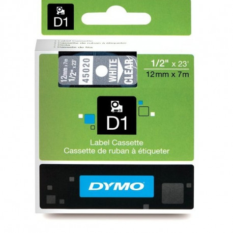 DYMO D1 lint 12mm x7m / valge läbipaistval peal (45020 / S0720600)