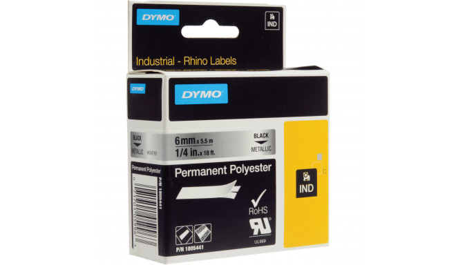 DYMO Rhino polüesterteip tugev liim 6mm x 5,5m / must metallikil (1805441)