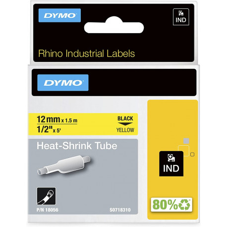 Dymo Rhino IND ORIGINAL heat shrink tubing 12mm x 1.5m, black on yellow, label heat shrink tubing (f