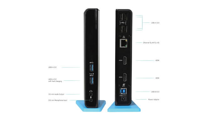i-tec USB 3.0 / USB-C kahe HDMI dokkimisjaam 2x HDMI LAN audio 6x USB (1x kiire laadimise port BC 1.