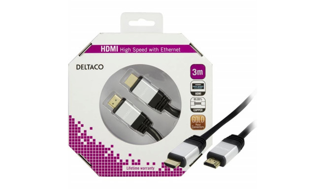 DELTACO HDMI cable, 4K, UltraHD in 60Hz, 3m, gold plated connectors, 19 pin ha-ha, black / HDMI-1031
