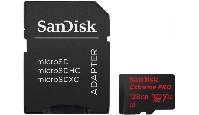 SanDisk atmiņas karte microSDXC 128GB Extreme Pro V30 + adapteris