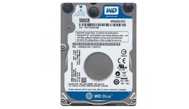 HDD | WESTERN DIGITAL | Blue | 500GB | SATA 3.0 | 16 MB | 5400 rpm | 2,5" | Thickness 7mm | WD5000LP