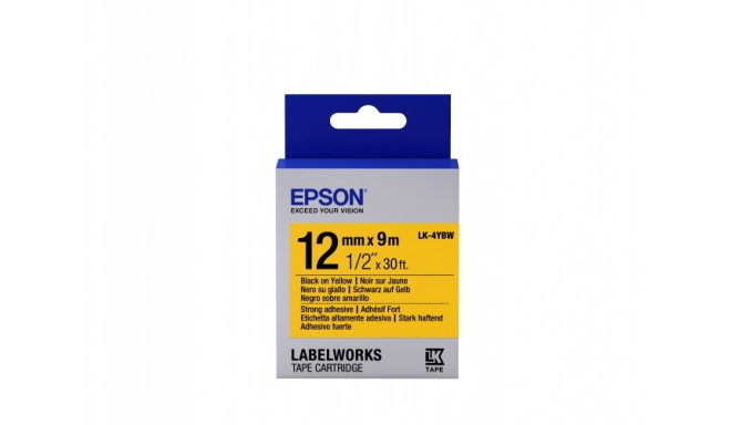 Epson LK-4YBW (C53S654014) Label Tape Cartridge, Strong Adhesive, Black on Yellow (12mm, 9m)