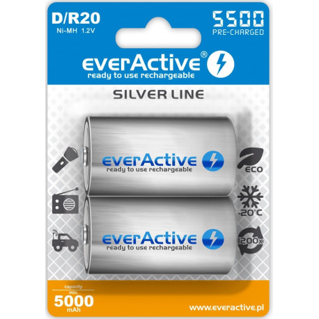 laetavad akud everActive R20/D Ni-MH 5500 mAh kasutusvalmis