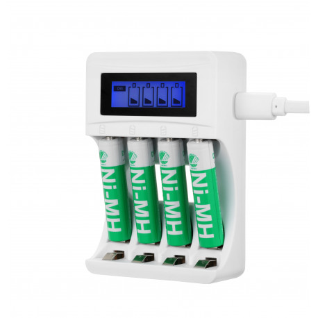USB battery charger DELTACO for 4xAA/AAA Ni-MH/Ni-Cd batteries, includes 4x AAA batteries, white / C