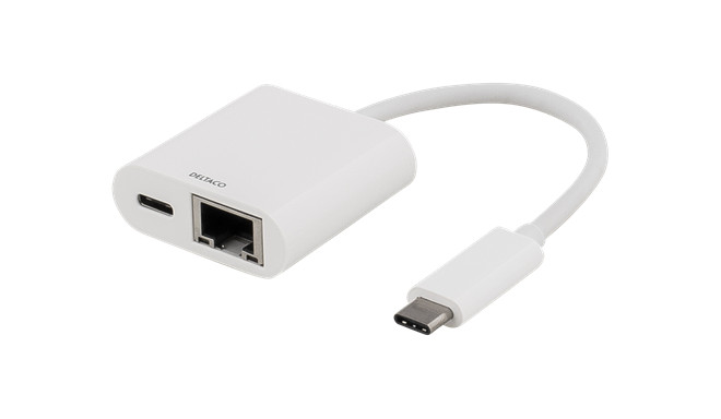 Deltaco Adapter USB-C - RJ45/USB-C, valge (USBC-GIGA2)