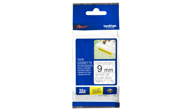 Kleepkirjalint Brother TZE-S121 Strong Adhesive läbipaistev, must tekst, laius 9mm, pikkus 8m