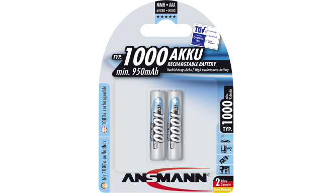 1x2 Ansmann NiMH rech. battery 1000 Micro AAA 950 mAh