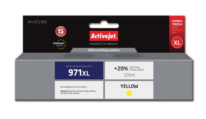 Activejet AH-971YRX Ink Cartridge (replacement for HP 971XL CN628AE; Premium; 100 ml; yellow)