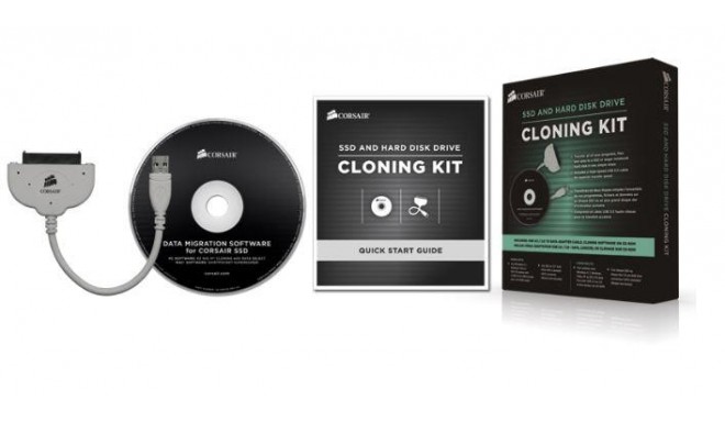 Corsair SSD and HDD cloning kit with USB 3.0 cable and migration software in CD