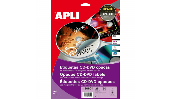 Printer Labels Apli 10601 Circular CD/DVD White 25 Sheets Ø 117 mm