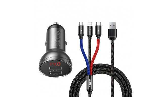 BASEUS car charger 2 x USB A with digital display + cable 3in1 Micro USB / Lightning / Type C 4,8A 2