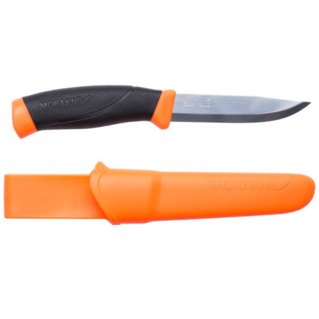 Morakniv Companion matkanuga – 2,5 mm roostevaba tera, 104 mm, oranž TPE käepide, plastikust noatupp
