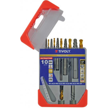 Tivoly Extractor & Drill Bit Set – 10-Piece, Stud Extractors N1–N5 + TiN-Coated HSS Bits Ø2.8–8 mm, 