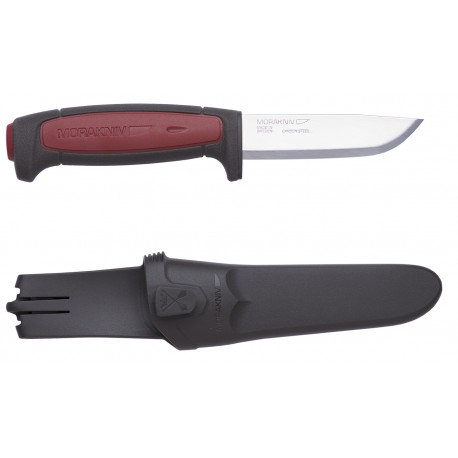 Morakniv Pro pussnuga – 2.0 mm carbon steel blade, red ergonomic slip-resistant handle, button-relea
