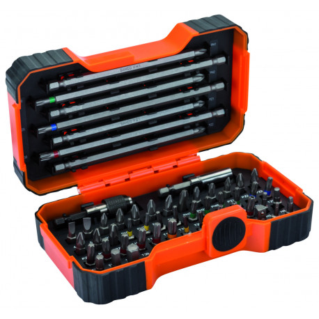 Bit set 1/4" 54 pcs colour coded with 2 adaptors PH,PH2G,PZ,SL,Hex,TORX,TORX TR,R 25mm 45pcs, 125mm