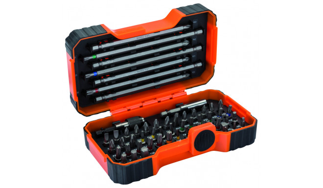 Bit set 1/4" 54 pcs colour coded with 2 adaptors PH,PH2G,PZ,SL,Hex,TORX,TORX TR,R 25mm 45pcs, 125mm 