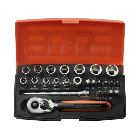 Bahco padrunite socket and bit set – 25 pieces, 4-13mm sockets, PH HEX TORX bits, 1/4" drive alloy s