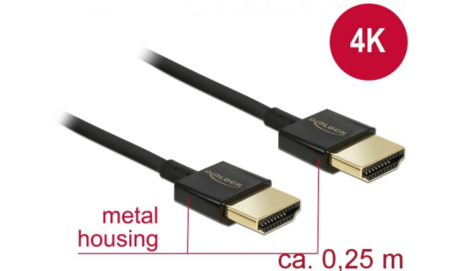 HDMI kaabel 0.25m, ethernet, 4K@60Hz, kullatud, kolmekordne varje, slim, must