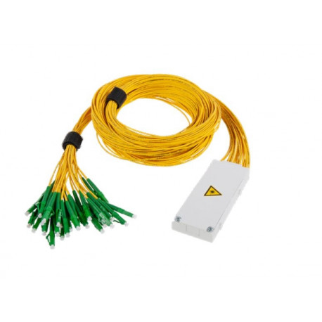 Small OCM8 module containing 1x 1:2 PLC splitter; LC/APC connectors on input and outputs; 1.8m pigta