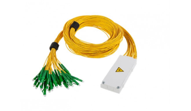 Small OCM8 module containing 1x 1:8 PLC splitter; LC/APC connectors on input and outputs; 1.8m pigta
