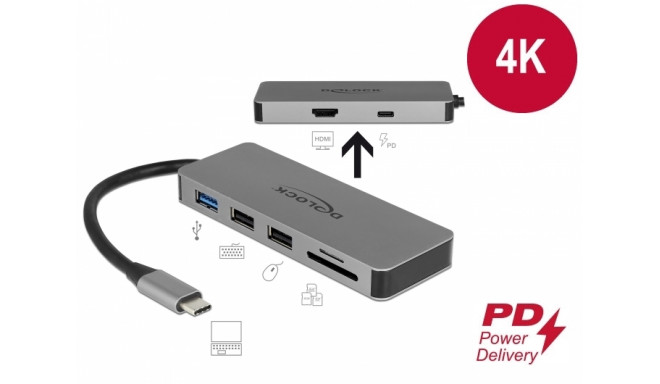 USB-C dock: 1x HDMI 4K, 2x USB 2.0, 1x USB 3.0, 1x USB-C PD, SD pesad, sobib ka nutiseadmetele ja ma