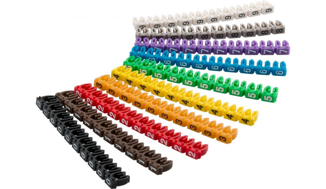 Cable marker clips ‘Digits 0–9’ for cable diameters up to 4 mm; 100pcs, 10 different colour