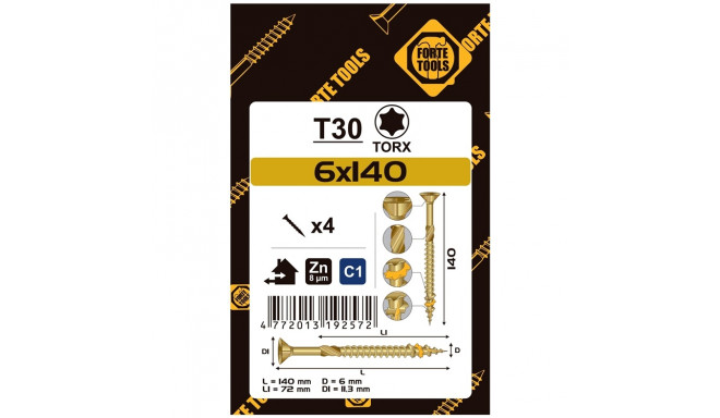 CHIPBOARD SCR T30 6.0X140/72 YELL ZN4PCS