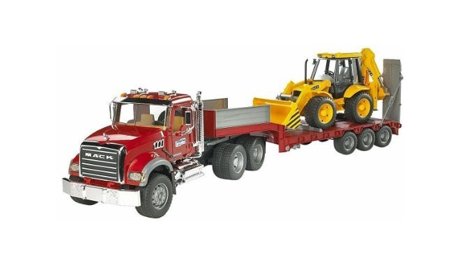 Bruder model car Mack Granite Low Loader + JCB 4CX Backhoe Loader